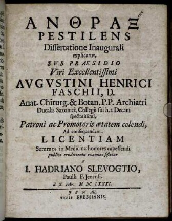 Anthrax Pestilens Dissertatione Inaugurali explicatus