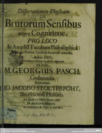 Dissertationem physicam de brutorum sensibus atque cognitione