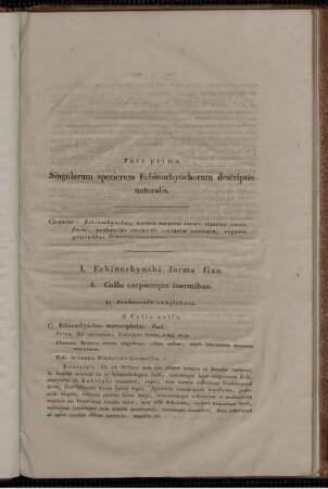 Pars Prima. Singularum specierum Echinorhynchorum descriptio naturalis.