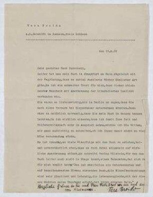Brief von Vera Broido an Friedrich Burschell. Jershöft