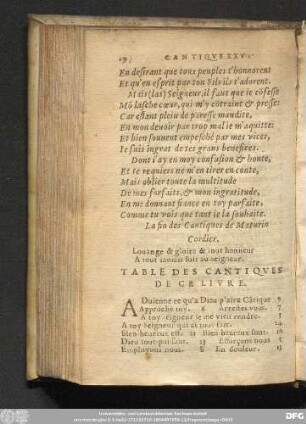 Table Des Cantiqves De Ce Livre.