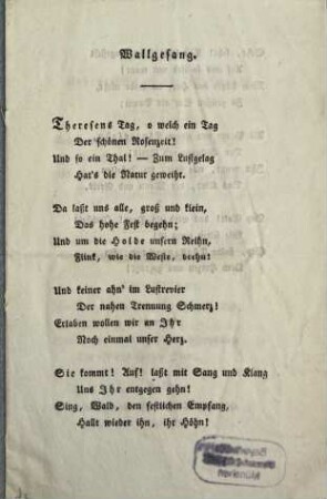 Wallgesang : [an Königin Theresiens Namensfeste]