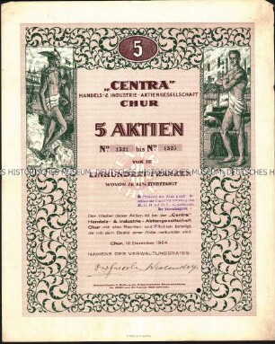 Sammelaktie der "Centra" Handels- & Industrie-Aktiengesellschaft über 5 Aktien zu je 100 Schweizer Franken, mit Kupons