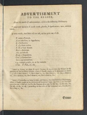 Advertisement To The Reader, About the marks & abbreviations, used in the following Dictionary.