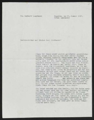 Brief von Gerhart Hauptmann an Eugen Bleuler