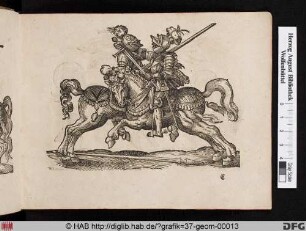 Ein Ritter zu Pferde umschlingt den Hals seines Gegners mit Arm und Schwert.
