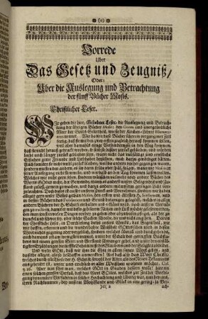 Vorrede Uber Das Gesetz und Zeugniß, Oder: Uber die Auslegung und Betrachtung der fünff Bücher Mosis