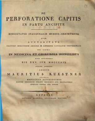 De perforatione capitis in partu ancipite : dissertatio inauguralis medico-obstetricia