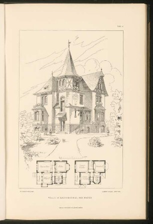 Villa, Lichtenthal: Grundrisse und perspektivische Ansicht (aus: Stadt- und Landhäuser, hrsg. von Ernst Wasmuth, Berlin 1894)