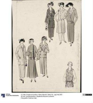 Frauen in Kostüm, Kleid, Blusen