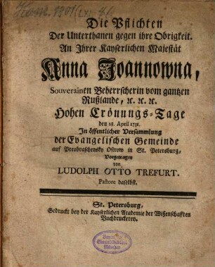Die Pflichten der Unterthanen gegen ihre Obrigkeit