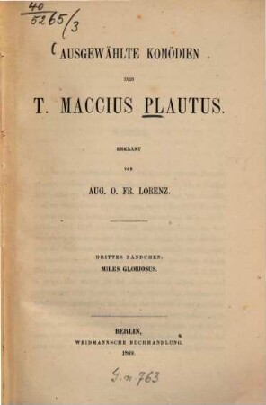 Ausgewählte Komödien des T. Maccius Plautus, 3