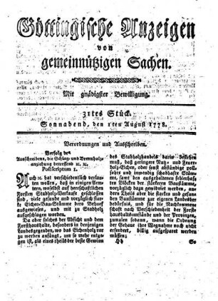 31tes Stück. Sonnabend, den 11ten August 1778.