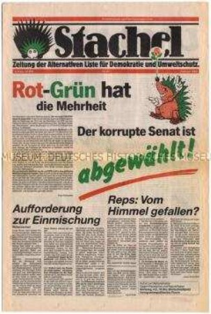 Wochenzeitung der Alternativen Liste Berlin (West) "Stachel" zum Ergebnis der Abgeordnetenhaus-Wahl 1989