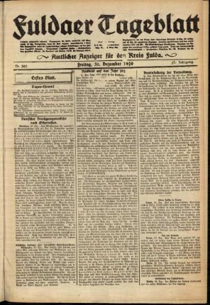 Erste Ausgabe vom Freitag, den 31. Dezember 1920.