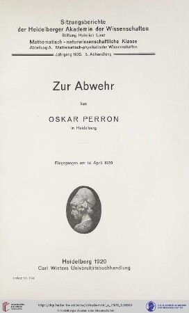 1920, 5. Abhandlung: Sitzungsberichte der Heidelberger Akademie der Wissenschaften, Mathematisch-Naturwissenschaftliche Klasse: Abteilung A, Mathematisch-physikalische Wissenschaften: Zur Abwehr