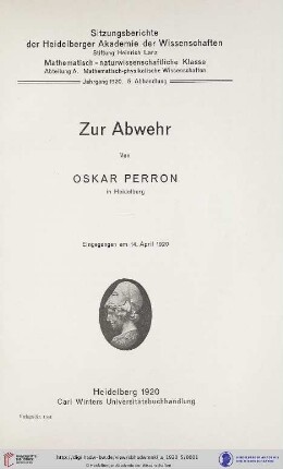 1920, 5. Abhandlung: Sitzungsberichte der Heidelberger Akademie der Wissenschaften, Mathematisch-Naturwissenschaftliche Klasse: Abteilung A, Mathematisch-physikalische Wissenschaften: Zur Abwehr
