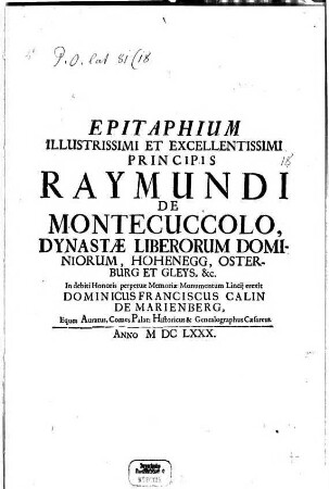 Epitaphium ... Raymundi Montecuccolo ...