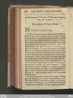 A Monseigneur l'Evêque & Duc de Langres, Pair de France. Remarque & bons Mots.