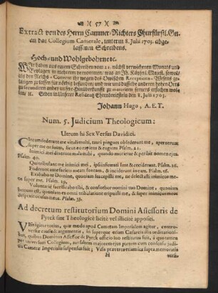 Num. 5. Judicium Theologicum: