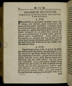 Membrum Secundum. Variarum Propositarum Sententiarum Examen.