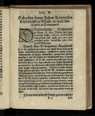 Litt. B. Schreiben Herrn Johan Friederichen ErtzBischoffen zu Bremen/ etc. an die Kön. Maytt: zu Dennemarck