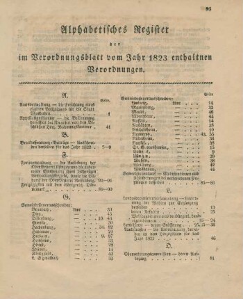 Alphabetisches Register der im Verordnungsblatt vom Jahr 1823 enthaltenen Verordnungen