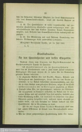 Dienstinstruction für den Hausinspector und dessen Ehegattin