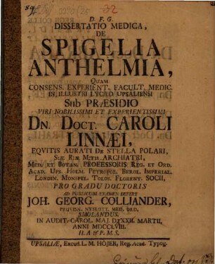 Diss. med. de Spigelia anthelmia