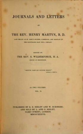 Journals and letters of the Rev. Henry Martyn : in two volumes. 2