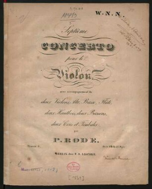 Septième Concerto pour le Violon, avec accompagnement de deux Violons, Alto, Basse, Flûte, deux Hautbois, deux Bassons, deux Cors et Timbales : Oeuvre 9.