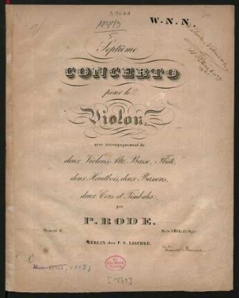 Septième Concerto pour le Violon, avec accompagnement de deux Violons, Alto, Basse, Flûte, deux Hautbois, deux Bassons, deux Cors et Timbales : Oeuvre 9.