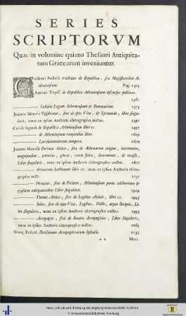 Series Scriptorum Quae in volumine quinto Thesauri Antiquitatum Graecarum inveniuntur.