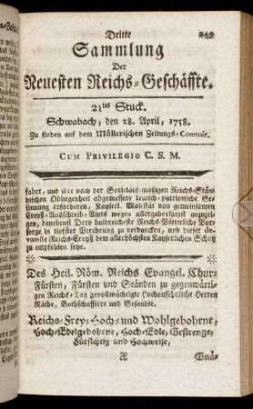 21tes Stuck. Schwabach, den 28. April, 1758.