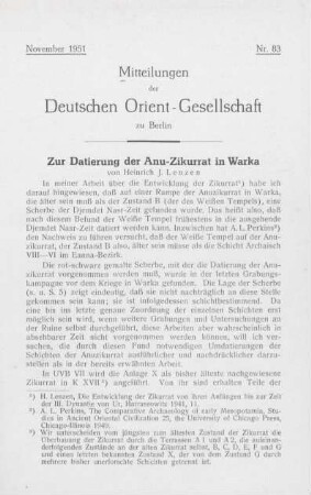 Zur Datierung der Anu- Zikurrat in Warka