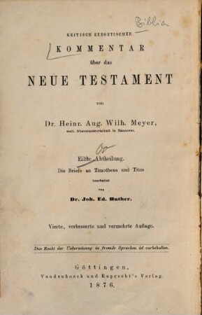 Kritisch exegetisches Handbuch über die Briefe an Timotheus und Titus