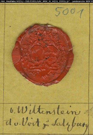 Siegler: Wildenstein (Wiltenstein) und Voit zu Salzburg Überlieferungsart: Stoff: Lack Farbe: rot Form: rund. Durchmesser: 26 mm Art: Typ: Umschrift: