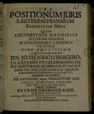 Positionum Juris Lauterbachianarum Exercitatio Nona