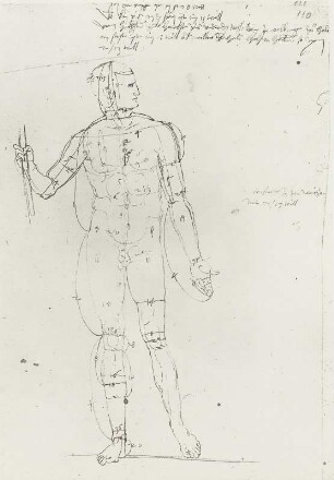 Mann mit erhobenem rechten Arm von vorn mit Proportionszahlen und Text : Dresdner Skizzenbuch (1507/1528). Mann mit erhobenem rechten Arm von vorn mit Proportionszahlen und Text (aus: R. Bruck: Das Skizzenbuch von Albrecht Dürer, Straßburg 1905, Tafel 11, Blatt 110r, Str. 40, Kriegsverlust). Dresden: SLUB Mscr.Dresd.R.147.f