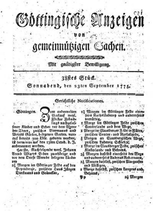 38stes Stück. Sonnabend, den 23ten September 1775.