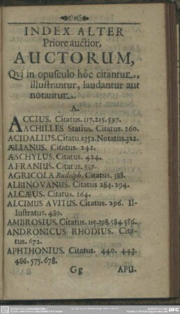 Index Alter Priore auctior, Auctorum, Qui in opusculo hôc citatantur, illustrantur, laudantur aut notantur