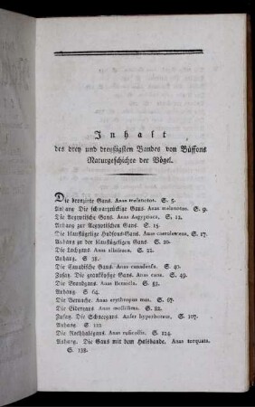 Inhalt des drey und dreyßigsten Bandes von Buffons Naturgeschichte der Vögel.