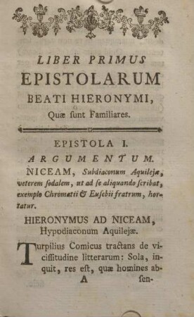 Liber primus. Epistolarum beati Hieronymi, quæ sunt familiares.