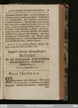 Kayserl. Königl. allergnädigstes Rescript An den Erzherzoglich-Oesterreichischen Directorialgesandten, Freyherrn von Buchenberg, [et]c. d. d. 17. Septemb. 1753.
