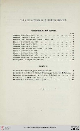 Table des matières de la première livraison