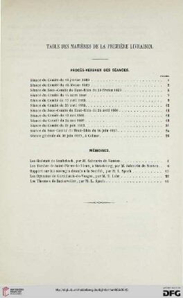 Table des matières de la première livraison