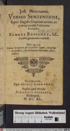 Joh. Heermanni, Versus Sententiosi, super singula Dominicarum, ac praecipuorum Festorum Evangelia