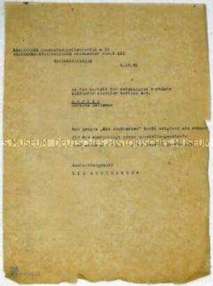 Durchschlag eines Schreibens der Künstlervereinigung "Die Abstrakten" an das Kartell der Vereinigten Verbände Bildender Künstler zur Wahl des Malers Oscar Nerlinger zum Redner bei einer Kundgebung - Sachkonvolut