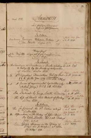 Aus hiesiger Bibliotheks Casse ist bezahlt worden. - Verzeichniß einiger aus England angekommenen neuen Bücher. - Von des Herrn Cammerpräsidenten von Behr Excellenz zum Geschenk übersandt.