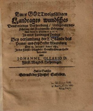 Landtags-Predigt über Ps. 85, 9-11 ...